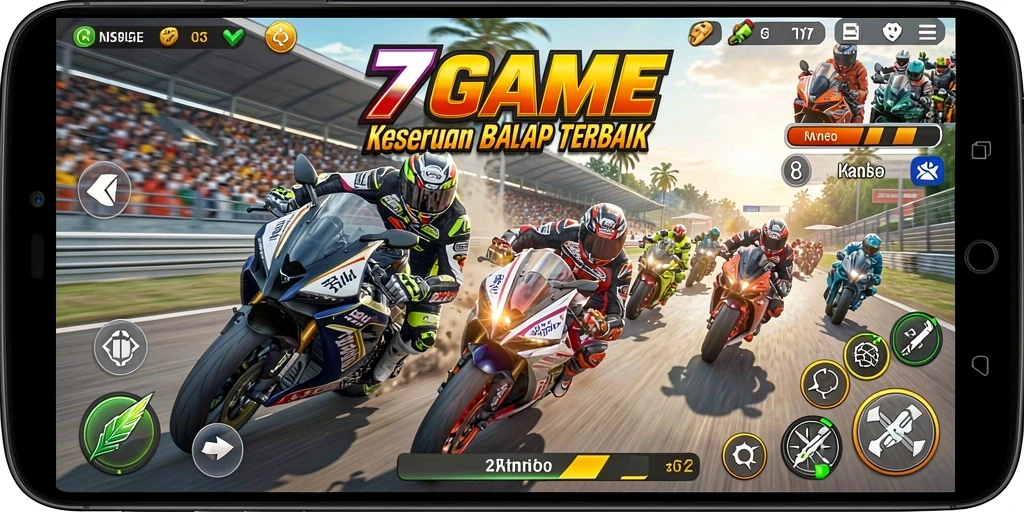 Screenshot gameplay 7GAME menampilkan aksi balapan motor yang mendebarkan.