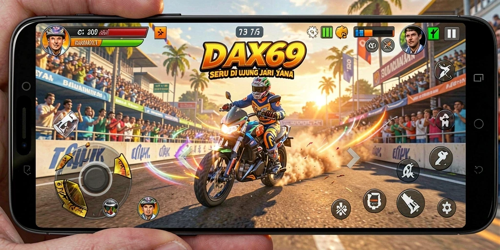 Tampilan gameplay DAX69 dengan balapan yang intens.