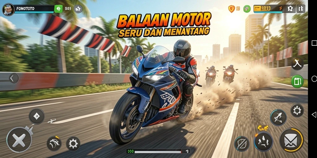 Tampilan gameplay yang mendebarkan di FOMOTOTO dengan aksi balapan motor.