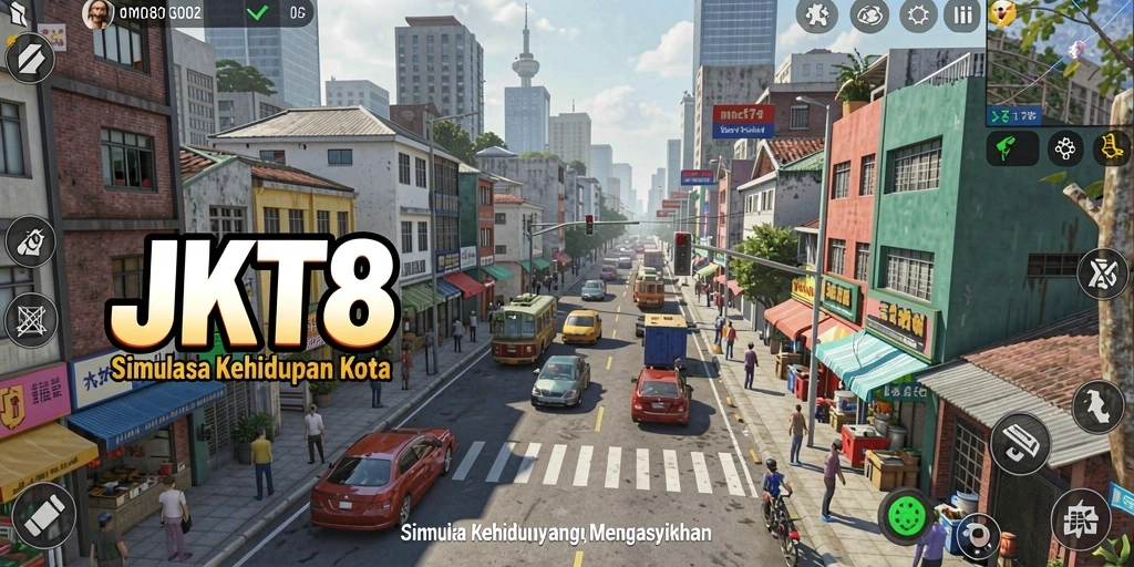 Screenshot gameplay <strong>JKT8</strong> menampilkan suasana kota yang hidup dan realistis.